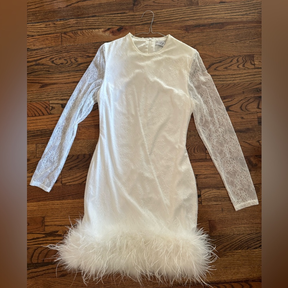 White lace long sleeve mini dress with feather trim! CLUB LONDON!